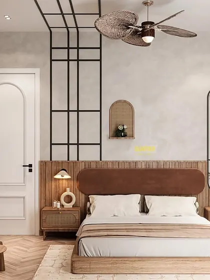 A guest bedroom render with a Wabi Sabi and Japandi theme. The design uses a rustic texture on the walls, a veneer bed with an upholstered headboard, and rattan side tables to create a natural, earthy feel.