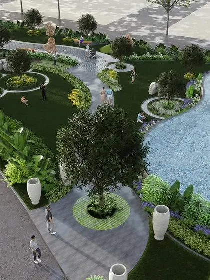 This aerial view of a landscape masterplan for a residential community shows how I weave together nature and activity. The design features an organically shaped water body, meandering pathways, and distinct zones for recreation and relaxation, all inspired by the site's original mango orchard.