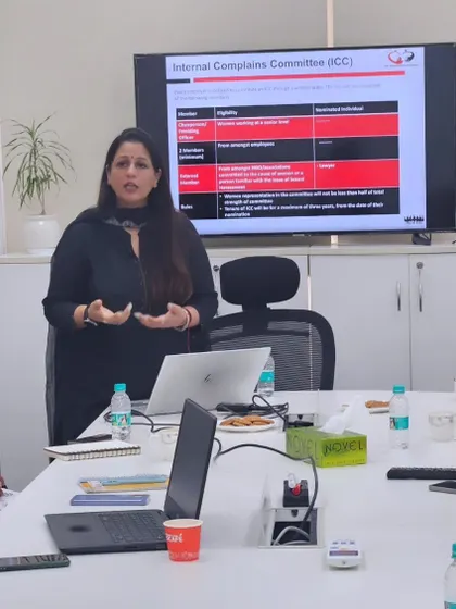 Here, the presentation screen shows a breakdown of the Internal Complaints Committee (ICC) structure. I focus on the practical aspects, such as member eligibility and tenure, to help companies build a strong and compliant committee.
