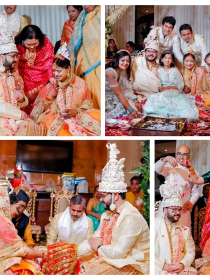 A collage showing various moments from a Bengali wedding ceremony, including family participation and sacred rituals.