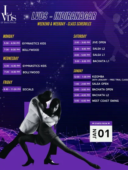 Our weekend and weekday class schedule for the Indiranagar studio. This poster details all the classes available, from Gymnastics for kids to Salsa, Bachata, and our Friday socials.