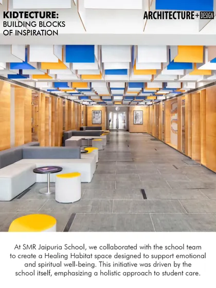 In collaboration with the school, we designed a 'Healing Habitat' space to support students' emotional and spiritual well-being, featuring calming colors and comfortable lounge furniture.