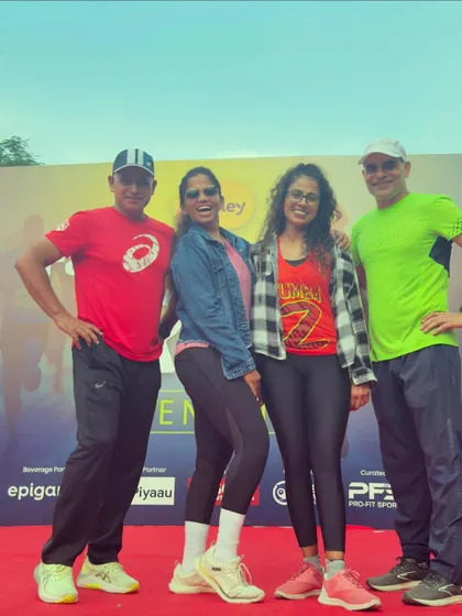 Posing with the event team on the red carpet stage at the Farmley Snack Run. Professionalism and fun go hand in hand.
