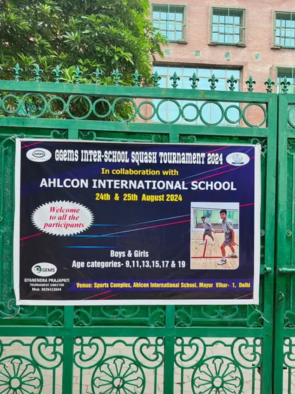 The entrance to Ahlcon International School, welcoming participants to the GGems Inter-School Squash Tournament. Our partnerships with schools are key to hosting successful events.