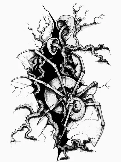 A skeletal spider emerging from a crack in reality. This piece combines insect anatomy with skeletal forms, creating a surreal and slightly creepy creature.