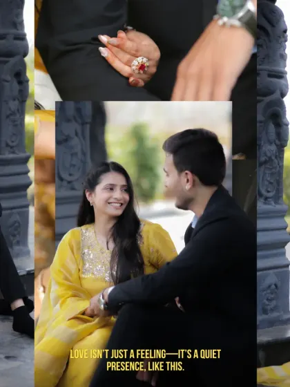 A collection of intimate moments from Hiren and Sakshi's shoot. The close-up on their hands and their quiet conversation highlight the small details that make their connection special.