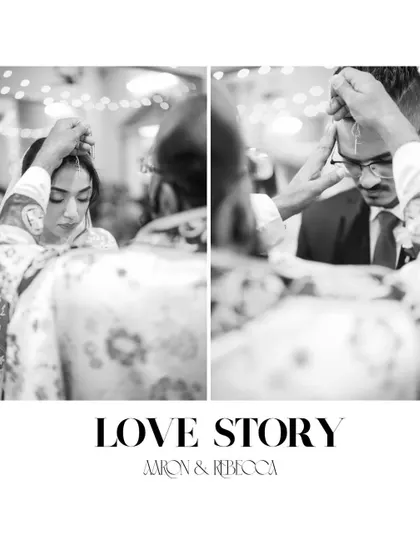 A black and white collage telling the story of the wedding ceremony. The "Love Story" title adds a narrative and editorial touch to these sacred moments.