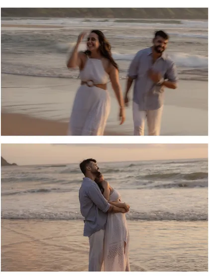 A collage of candid moments, from walking along the shore to sharing a heartfelt embrace, capturing the essence of a beach romance.