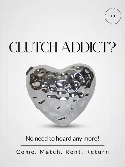 Are you a clutch addict? No need to hoard them anymore. This graphic features a unique silver heart-shaped clutch, representing our philosophy of renting for every mood and occasion.
