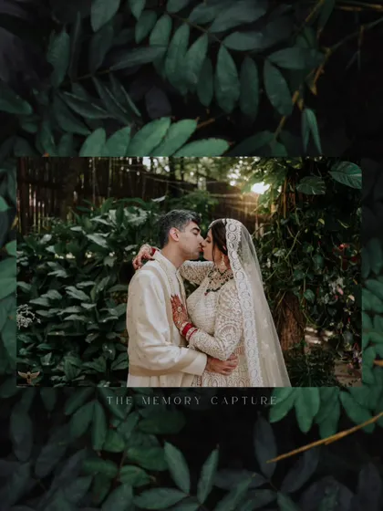 A romantic kiss framed by nature. We used a creative leafy border to frame this intimate moment, adding an artistic touch to a classic golden-hour shot.