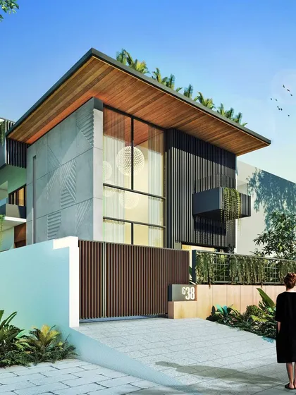 This render for Villa 38 showcases a facade featuring patterned concrete panels and warm wood accents. The design plays with texture and form to create a contemporary home that is both visually striking and rooted in timeless materials.