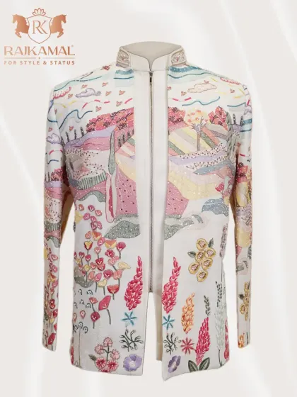 I believe clothing can be art. This exclusive open Jodhpuri jacket features a unique, colorful landscape embroidered with precision, turning a traditional garment into a wearable masterpiece for the fashion-forward man.