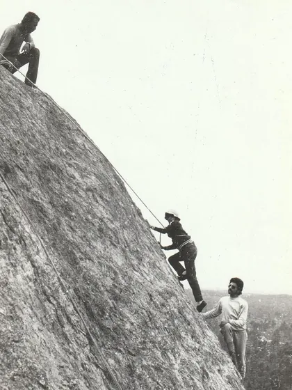 A black and white photo from the 1980s showing a climbing session at Turahalli. This captures the early days of technical climbing in Bangalore.
