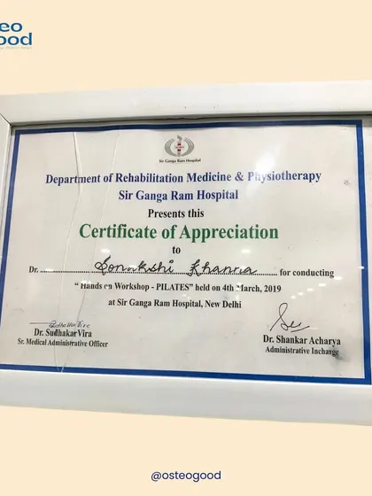 I was honored to receive this Certificate of Appreciation from Sir Ganga Ram Hospital for conducting a hands-on workshop on Pilates. I am committed to continuous learning and sharing my knowledge.