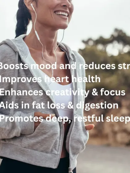 The benefits of walking are immense. It boosts mood, reduces stress, improves heart health, aids in fat loss, and promotes deep, restful sleep.