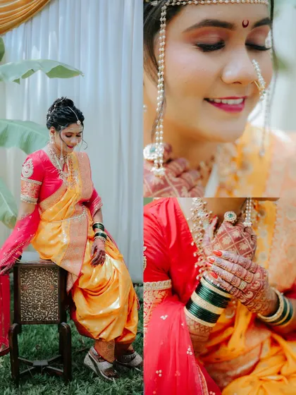 A collage dedicated to the bride, showing a full-length pose and close-ups of her makeup and henna details.