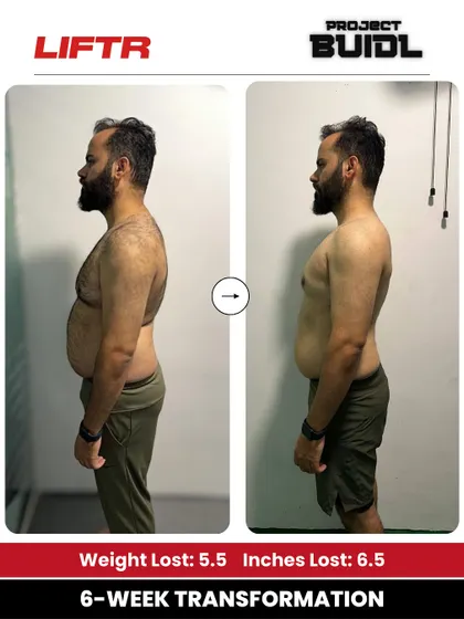 Kamal trusted the process and dropped 5.5 kg and 6.5 inches in six weeks. His side profile shows a clear change in his body composition.