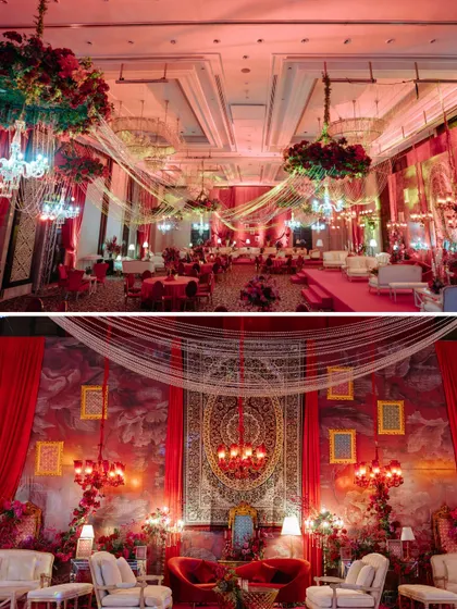 The decor for the reception featured dramatic red draping, crystal chandeliers, and a stunning hand-painted backdrop.