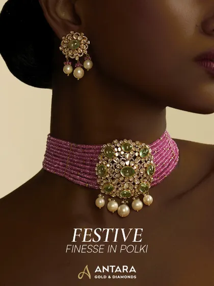 I love bringing festive energy to heirloom designs. This vivid pink beaded choker is crowned with a floral Polki medallion, green cabochons, and soft pearl drops, creating a piece that feels both traditional and vibrantly modern.