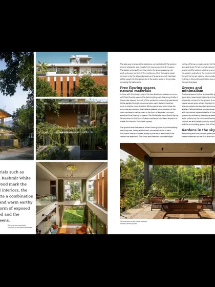 A spread from Antarya Magazine showcasing different aspects of a project, from the use of natural materials and free-flowing spaces to the "Gardens in the sky" concept.