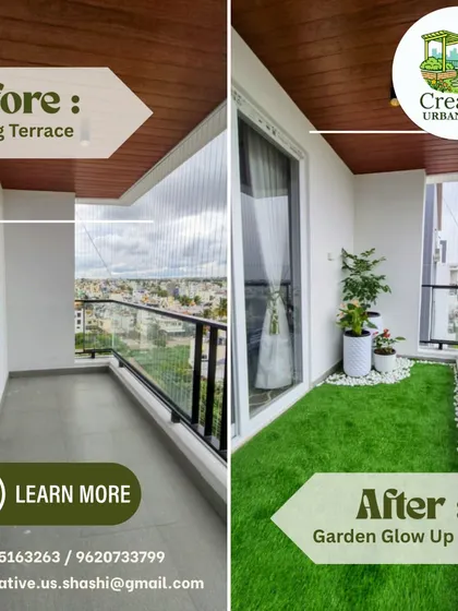 The magic is in the transformation. This simple before and after shows how even a small, boring balcony can become a vibrant and inviting 'Garden Glow Up' with the right elements, like high-quality artificial grass and a few well-placed plants.