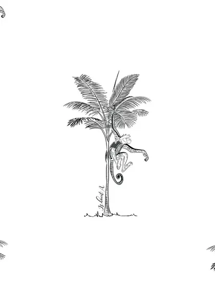 A simple, repeating pattern of a lemur climbing a palm tree. This minimalist design from the 'Treasures of Madagascar' collection is perfect for creating subtle, textured fabrics or modern wallpaper.