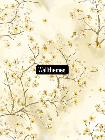 A full-pattern view of a delicate wallpaper featuring branches with small yellow and white flowers.