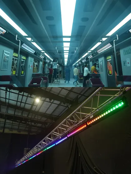 Another view of the Motorola ad set. The lighting rig was programmed to simulate the changing lights of a moving train, with dynamic color shifts and effects.
