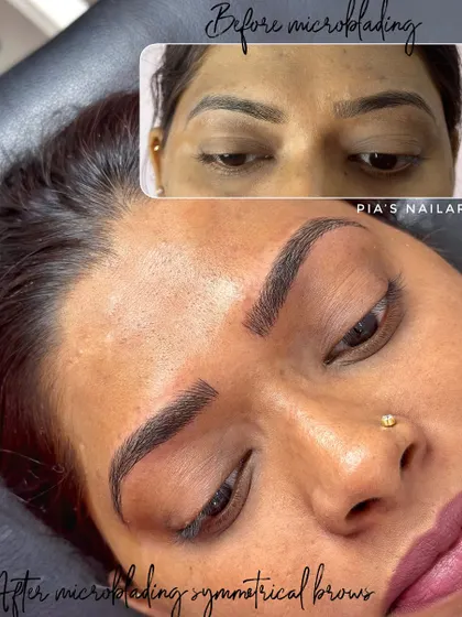 A great example of creating symmetrical brows using the stroke microblading technique. This angled view shows the clean, crisp strokes and the beautifully defined arch we created. Perfect brows are an investment in yourself.