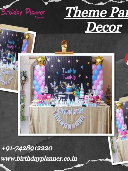 A dreamy "Twinkle Twinkle Little Star" theme for a first birthday. The decor features a starry night backdrop, balloon columns in pink and blue, and a beautifully arranged dessert table.