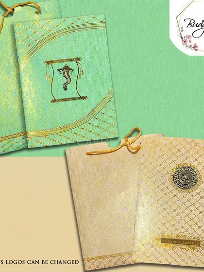 A traditional bag-style invitation in pastel green and gold, featuring a Ganesha logo that can be swapped for other religious symbols.