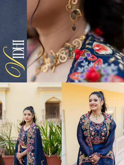 A collage of the bride's portraits from a wedding carnival, showcasing her beautiful navy blue embroidered outfit and elegant jewelry.