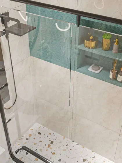 Duplicate of 243. A close-up of the shower niche in the 'Blues & Hues' bathroom, featuring textured blue tiles.