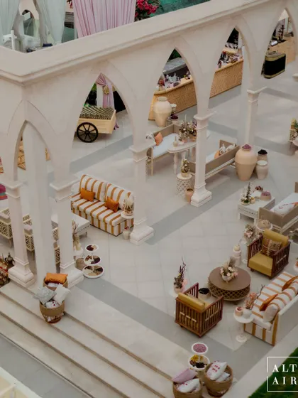 An aerial view of the 'Markets of the Middle East' setup in Doha. The design used modern arches and an earthy palette to create a fresh, contemporary take on a traditional souk.