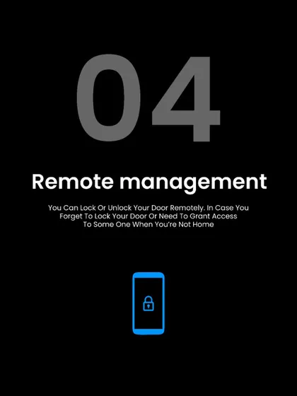 Benefit four: Complete Remote Management. Lock or unlock your door from anywhere in the world. This feature is perfect for those moments of uncertainty or for letting in trusted visitors when you are not home.