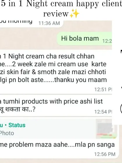 A happy client review for my 5-in-1 Night Cream after just two weeks. She says her skin became fair and smooth, and even her little daughter noticed!