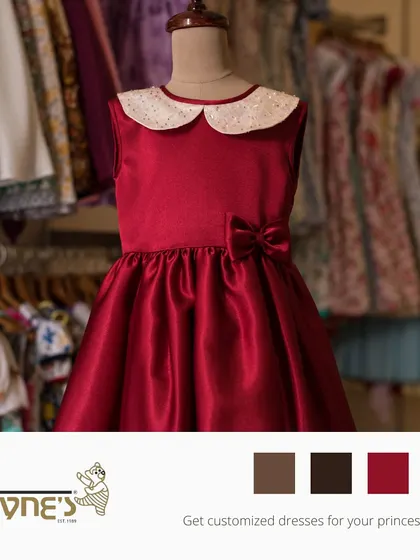 Get a customized dress for your princess! This graphic showcases my classic red satin dress and my commitment to creating bespoke pieces.