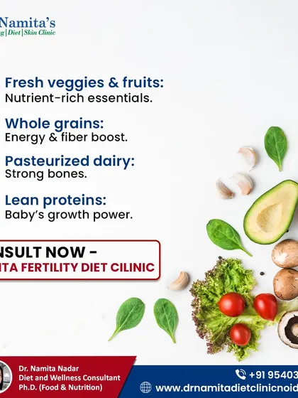 This visual outlines the building blocks of a healthy pregnancy diet. It includes fresh veggies and fruits for essential nutrients, whole grains for energy, pasteurized dairy for strong bones, and lean proteins for your baby's growth.