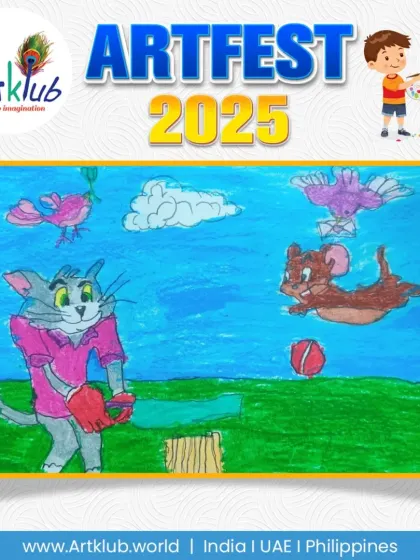 A fun crossover artwork featuring Tom and Jerry playing sports. This junior artist imagined the classic cartoon characters in a playful, athletic setting.
