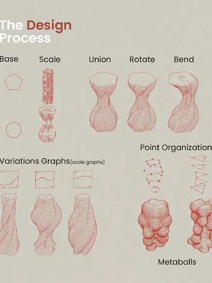 This diagram illustrates the parametric design process, showing how basic shapes are transformed through computational rules like scaling, rotating, and bending to create complex, organic forms.