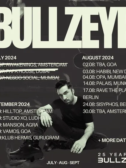 My tour calendar for July, August, and September 2024, covering gigs from Amsterdam and Berlin to Dubai and across India. It's all about 25 years of Bullzeye.