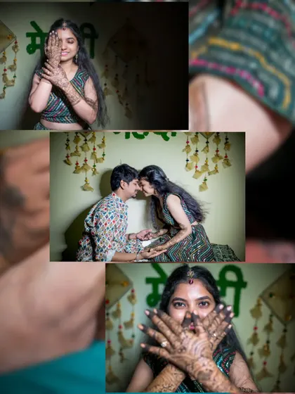 A creative collage blending portraits of the couple with close-ups of the bride's beautiful mehendi.