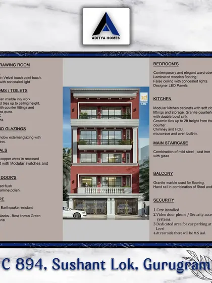 Here are the detailed specifications for our C-894 project in Sushant Lok. We list everything from the velvet touch paint and Italian marble to the branded kitchen appliances and security systems.