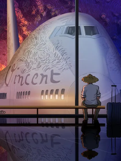 A modern scene of departure and reflection. Vincent waits in an airport lounge, his luggage beside him, looking out at a massive airplane bearing his name. It’s a piece about journeys, legacy, and the bittersweet mix of joy and sorrow that airports represent.