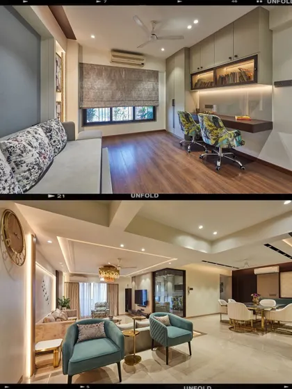 This collage showcases two distinct spaces within one home. The top frame shows a functional home office with a custom desk and vibrant chairs, while the bottom frame displays the elegant living and dining area.