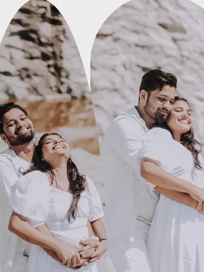 A collage of a couple in white outfits, sharing joyful and affectionate moments at a scenic quarry.