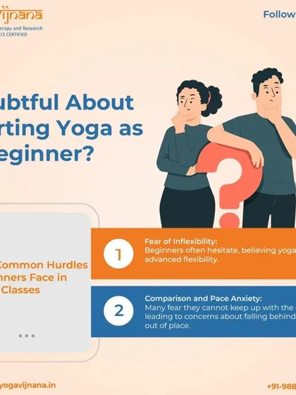 Are you doubtful about starting yoga as a beginner? This graphic addresses common hurdles like fear of inflexibility and comparison anxiety, which we help you overcome in our supportive workshop environment.