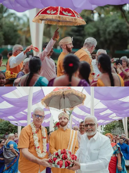 The groom's entrance at a South Indian wedding, surrounded by family. We document the traditional processions and rituals that are part of the celebration.