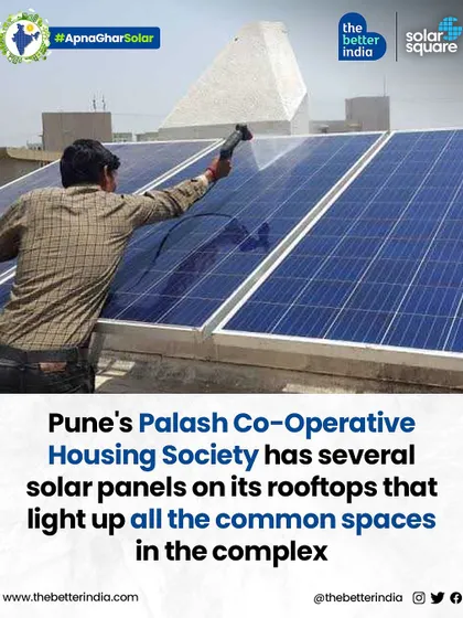 An infographic showcasing Pune's Palash Co-operative Housing Society, which uses solar to light up all its common areas.