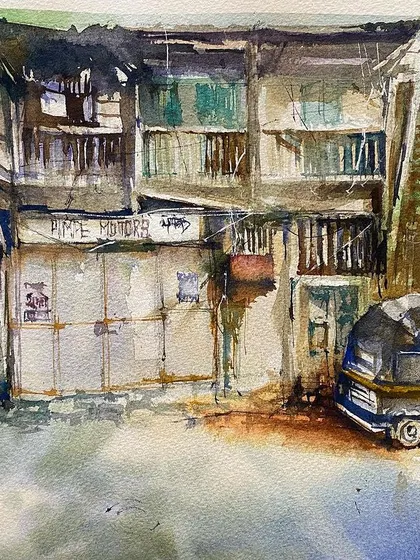 A watercolor painting capturing a sunny afternoon scene in a quiet lane. The contrast of the old building, the closed shops, and the parked auto-rickshaw tells a story of everyday life.